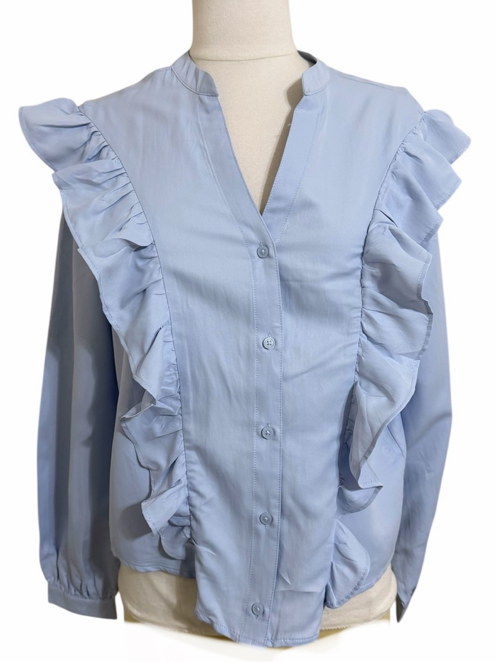 New ESMARA Light Blue Ruffled Button Front Long Sleeve Blouse Soft Feminine